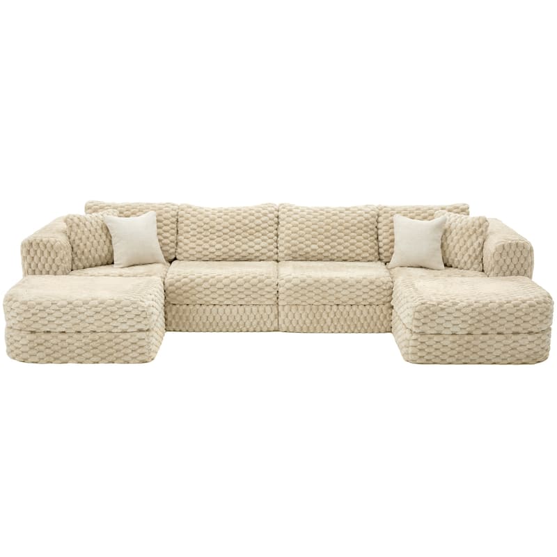 Modular Sectional Sofa with Bubble Velvet Upholstery, 2 Movable Ottomans and 4 Throw Pillows for Living Room