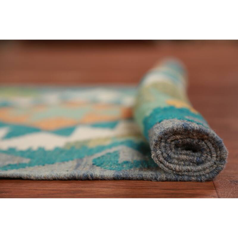 Hand Woven Oriental 100% Wool Carpet Southwestern Geometric Green Kilim Runner Rug - 13' 1'' X 2' 7''