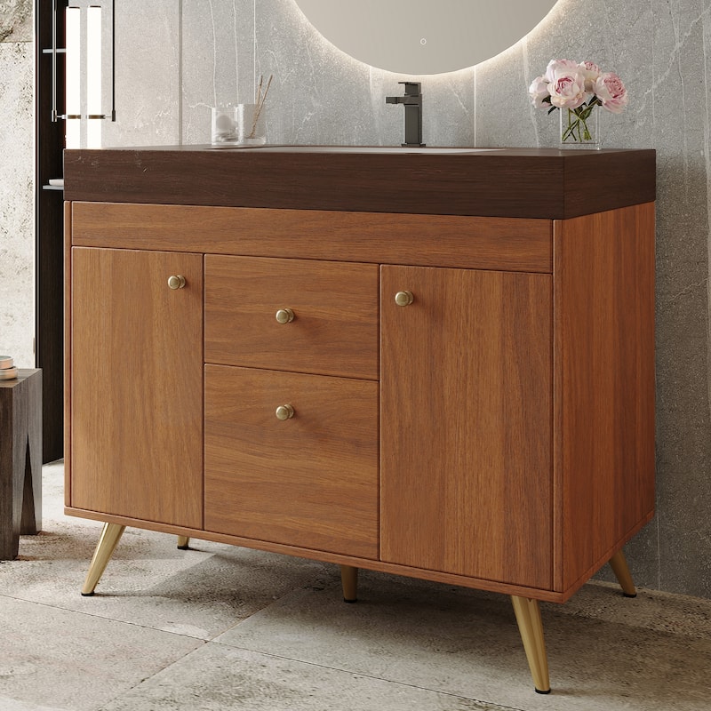 36" Modern Freestanding Bathroom Vanity with Sintered Stone Top, Ceramic Sink & Smart Storage