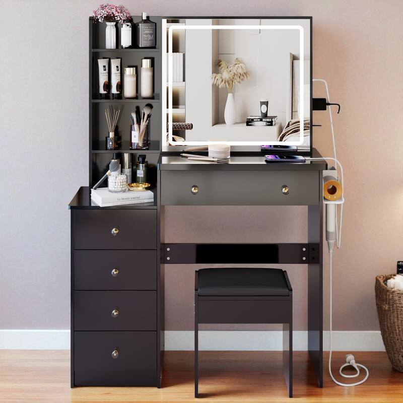 37" Vanity Table with Sliding LED Mirror, Stool, 2 AC & 2 USB Ports, Hair Dryer Stand, Touch Light - Black