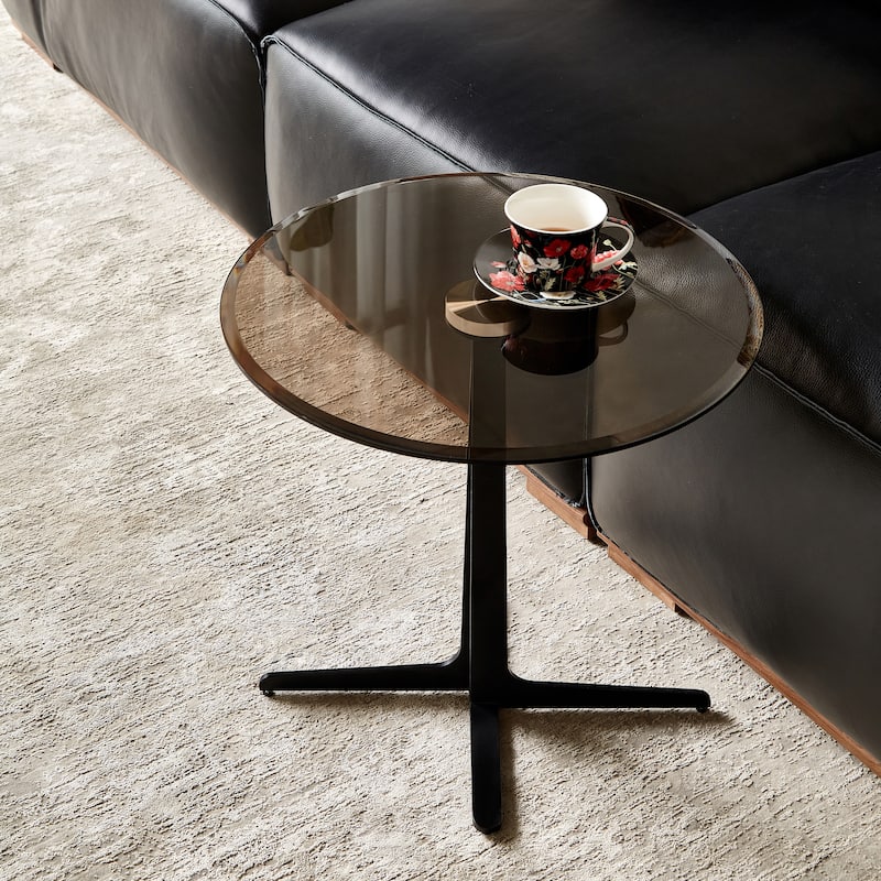 End Table Glass Top Side/End Drink Table - Tall Modern Round Accent Metal Nightstand Furniture - Black Brown