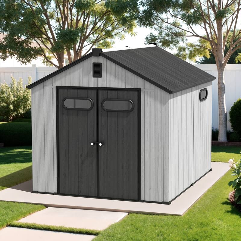 VredHom 8X8/8X10/8X12 FT All-Weather Outdoor Resin Storage Shed with Windows Floor for Patio Furniture and Tools
