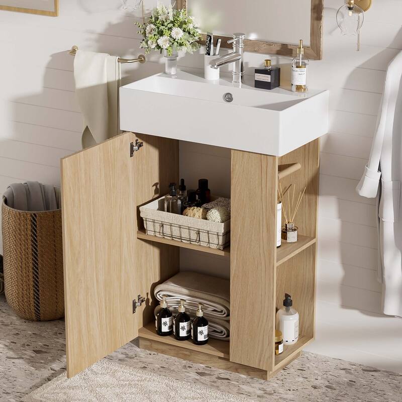 21.6" Bathroom Vanity With Ceramic Sink, Freestanding Modern Left Door Wood Grain Cabinet With Open And Closed Storage