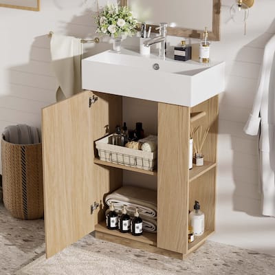 22" Bathroom Vanity with Ceramic Sink - Freestanding Modern Wood Grain Cabinet, Open & Closed Storage for Small Bathrooms