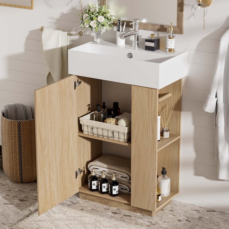 Bathroom Vanity Freestanding Wavy Door Storage Cabinet with Tissue Holder, Side Compartments and Soft-Close Design - Natural