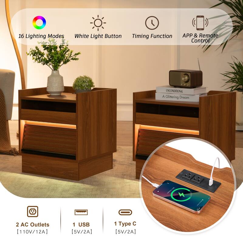 Yellow Bedside Table Nightstand with Charging Station and LED lights, Storage Cabinet Side Table with 2 Drawers