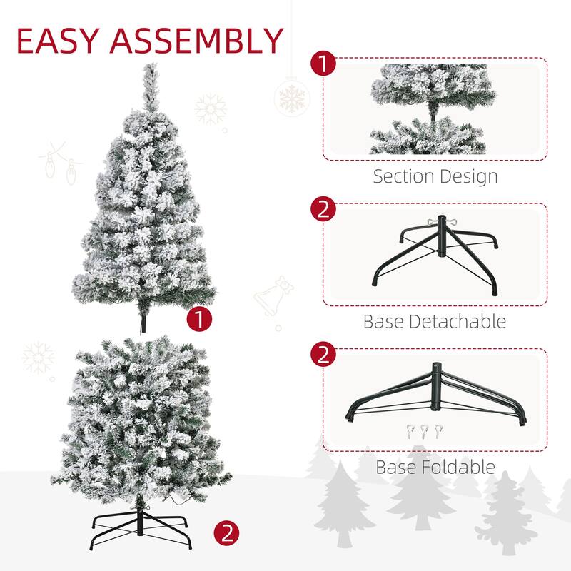 Pre-Lit Snow Flocked Artificial Christmas Tree with Warm LED Lights and Steel Base, Multiple Heights
