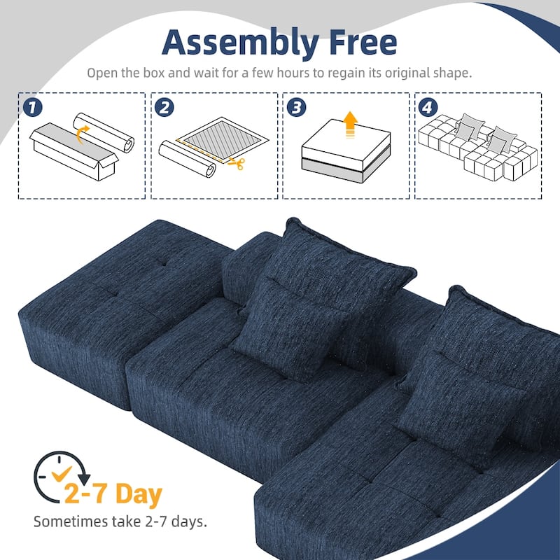 Modern Oversized Modular Sectional Sofa in Blue with Sparkling Chenille Fabric and No Assembly