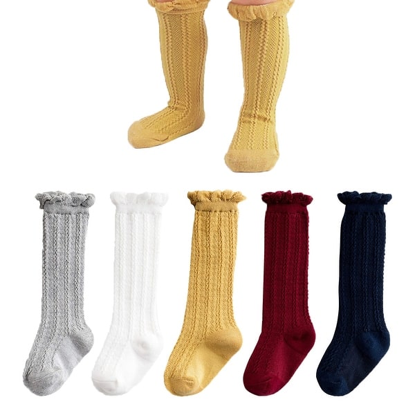 slide 2 of 7, CozyWay Baby Knee High, Cable Knit, White/Gray/Navy/Red/Mustard - 5 pair