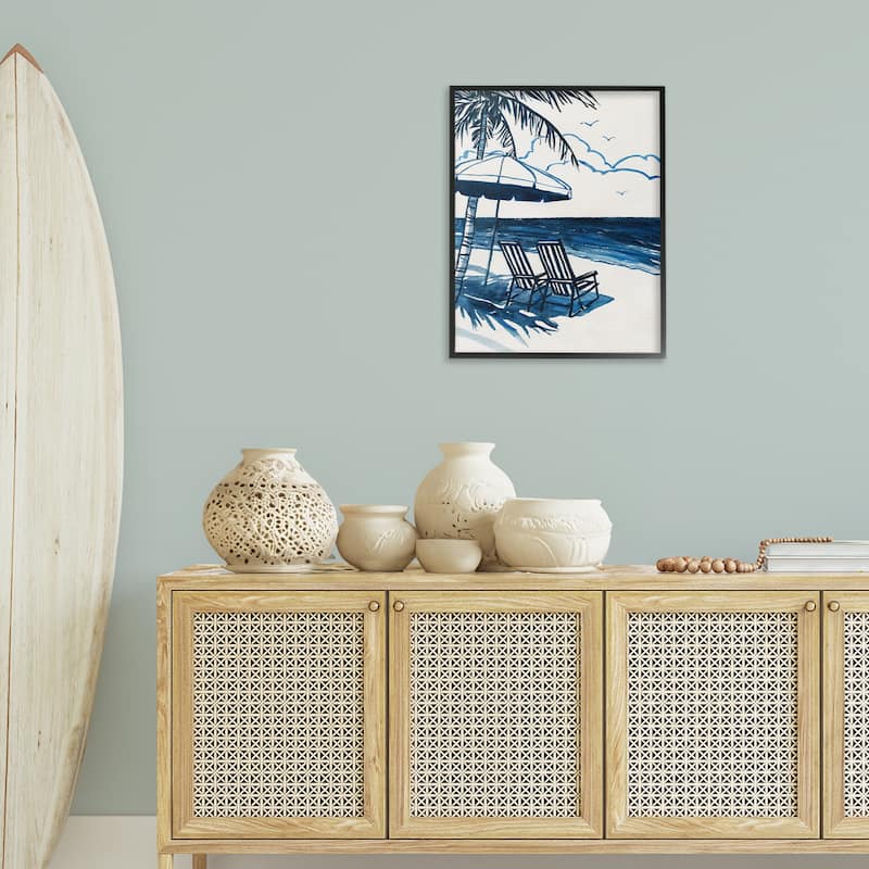 Stupell Blue Toned Tropical Beach Scene Framed Giclee Art Design By Carol Robinson