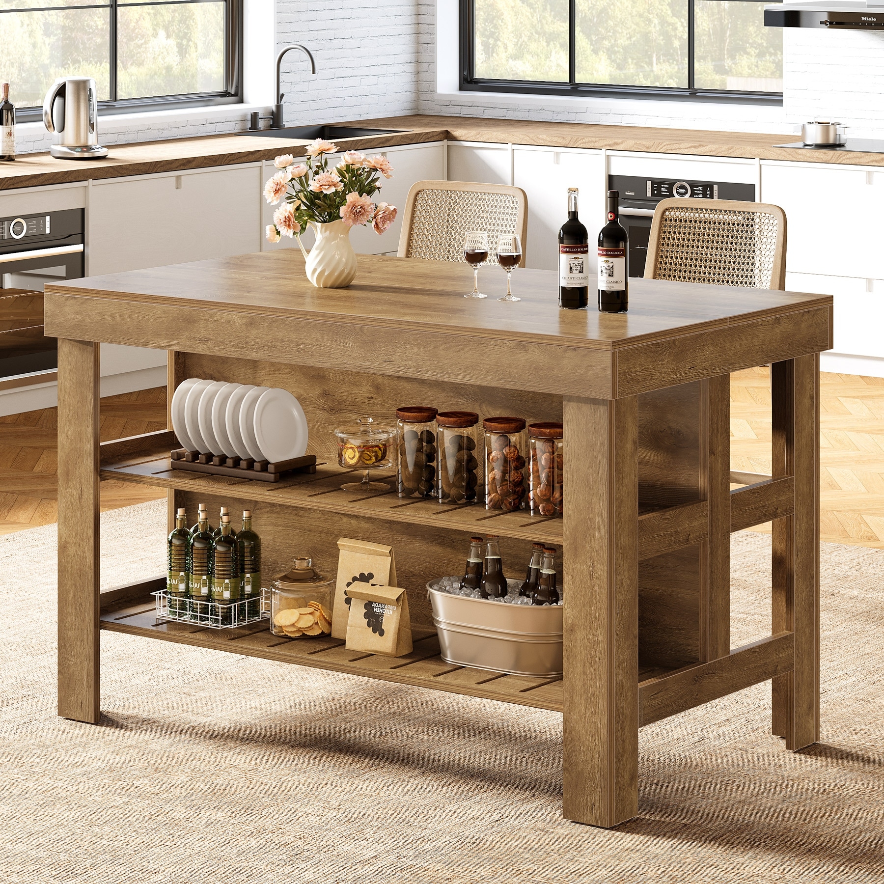 55.1" Kitchen Island with Storage Shelves