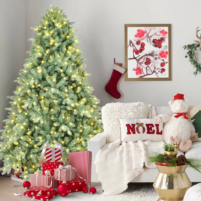 7.5FT Blue-Green Tint Pre-Lit Christmas Tree with 800 Warm White LED Lights-2908 PE+PVC Tips,Hinged Branches,Sturdy Metal Stand - Blue