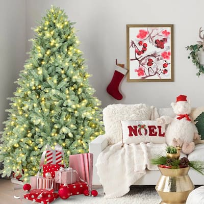 8FT Blue-Green Tint Pre-Lit Christmas Tree with 900 Warm White LED Lights - 3308 PE+PVC Tips, Hinged Branches,Metal Stand