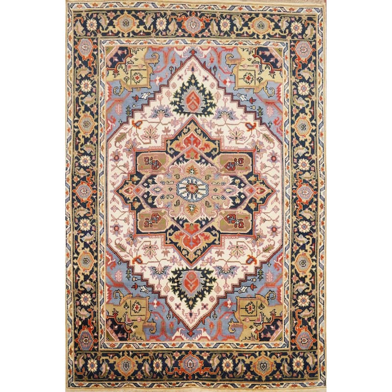 Hand Knotted Oriental 100% Wool Carpet Traditional Medallion Beige & Ivories Heriz (serapi) Area Rug - 9' 11'' X 7' 10''