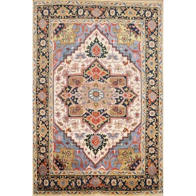 Hand Knotted Oriental 100% Wool Carpet Traditional Medallion Beige & Ivories Heriz (serapi) Area Rug - 9' 11'' X 7' 10''