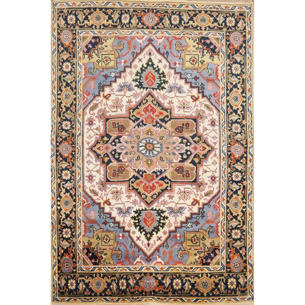 Hand Knotted Oriental 100% Wool Carpet Traditional Medallion Beige & Ivories Heriz (serapi) Area Rug - 9' 11'' X 7' 10''