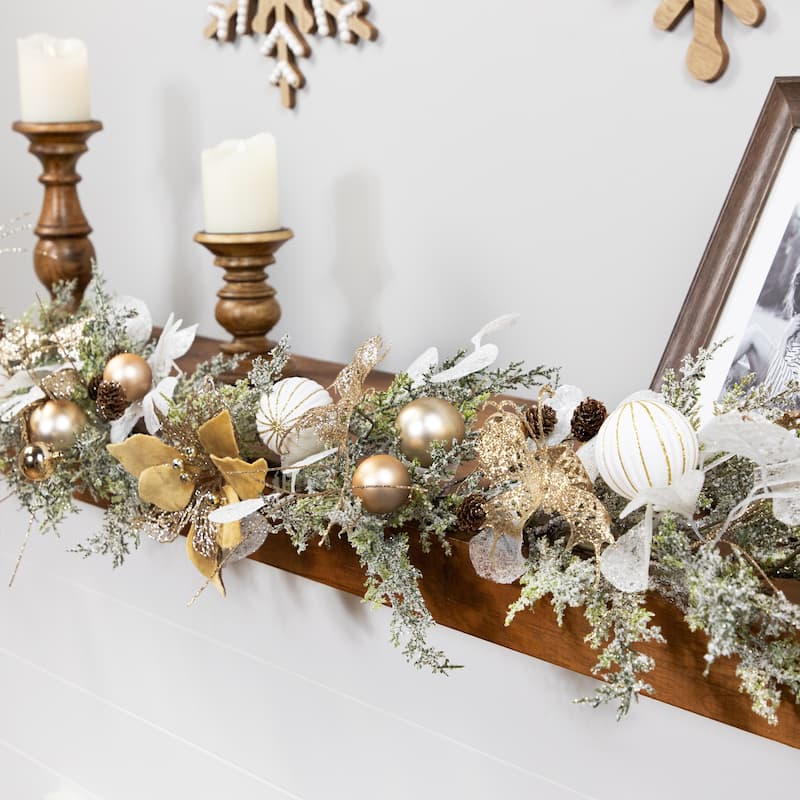 Glittered Poinsettia and Ornaments Artificial Christmas Garland - 6' x 7" - Unlit