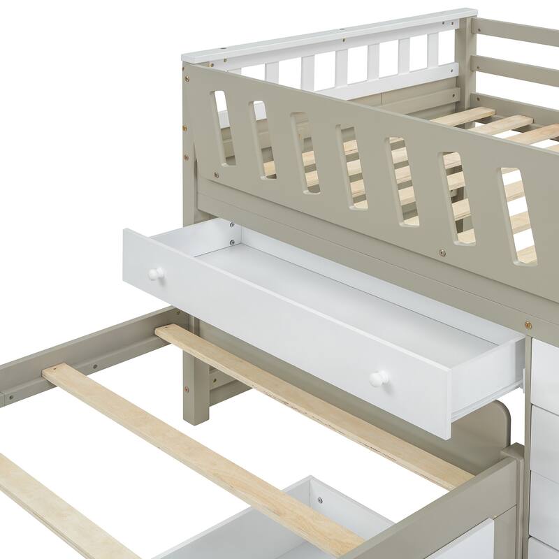 L-Shaped Twin Loft and Platform Bed with 7 Drawers, Full Guardrails - Space-Saving Design