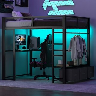 Full Size LED Gaming Loft Bed Metal Bed Frame Open Wardrobe and 3 Linen Storage Drawers, Side Desk and Full Length Guardrail