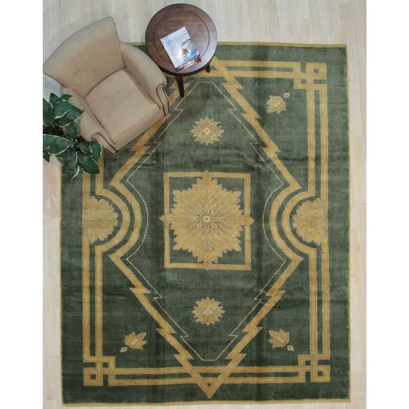 Green Handmade Wool Traditional Rug 9' x 12' - Hand Knotted Natural Dyes Soft Pile Cotton Foundation - N/A