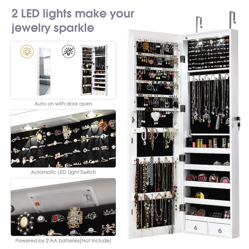 Costway Mirrored Wall & Door Mounted Jewelry Cabinet Storage Organizer - See Details