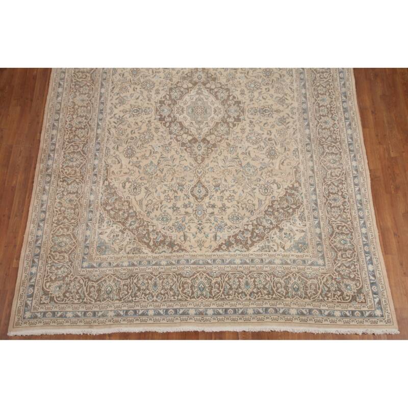 Hand Knotted Oriental 100% Wool Carpet Traditional Floral Beige & Ivories Mashad Area Rug - 11' 1'' X 8' 1''