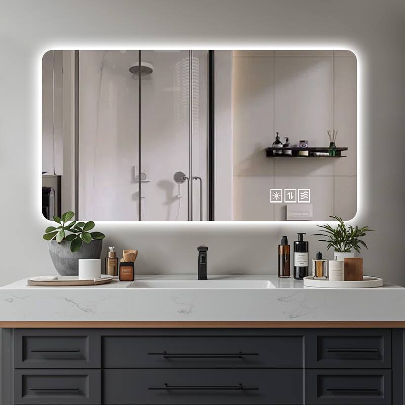 LED Wall Mirror - Bathroom/Full-Length/Makeup Use, 3 Color Lighting, Dimming, Waterproof - Silver