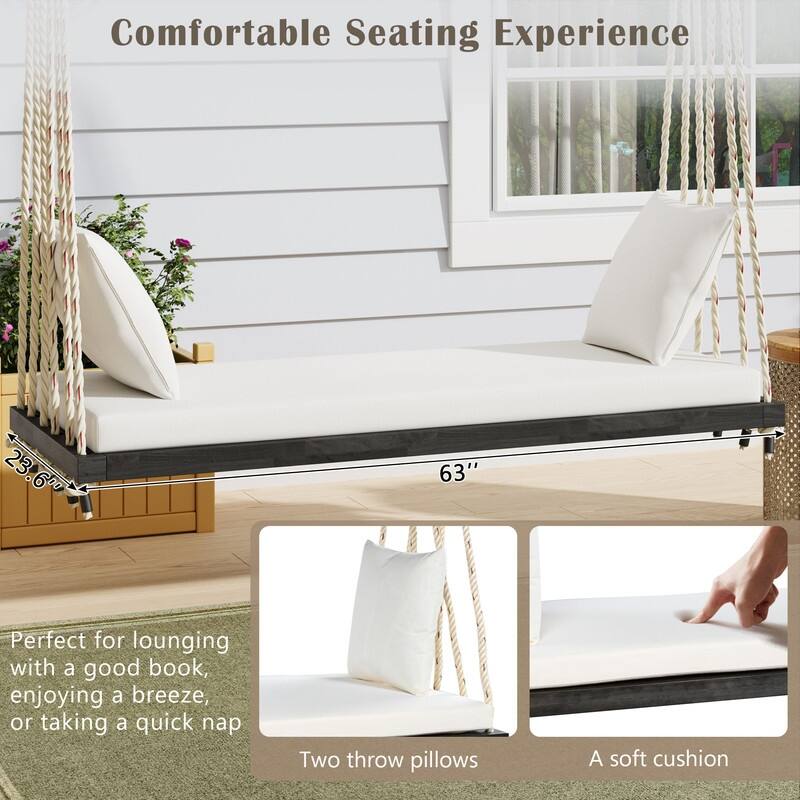 Porch Wooden Swing Chair with Hemp Ropes, Patio Hanging Swing Bench with Cushion & 2 Pillows