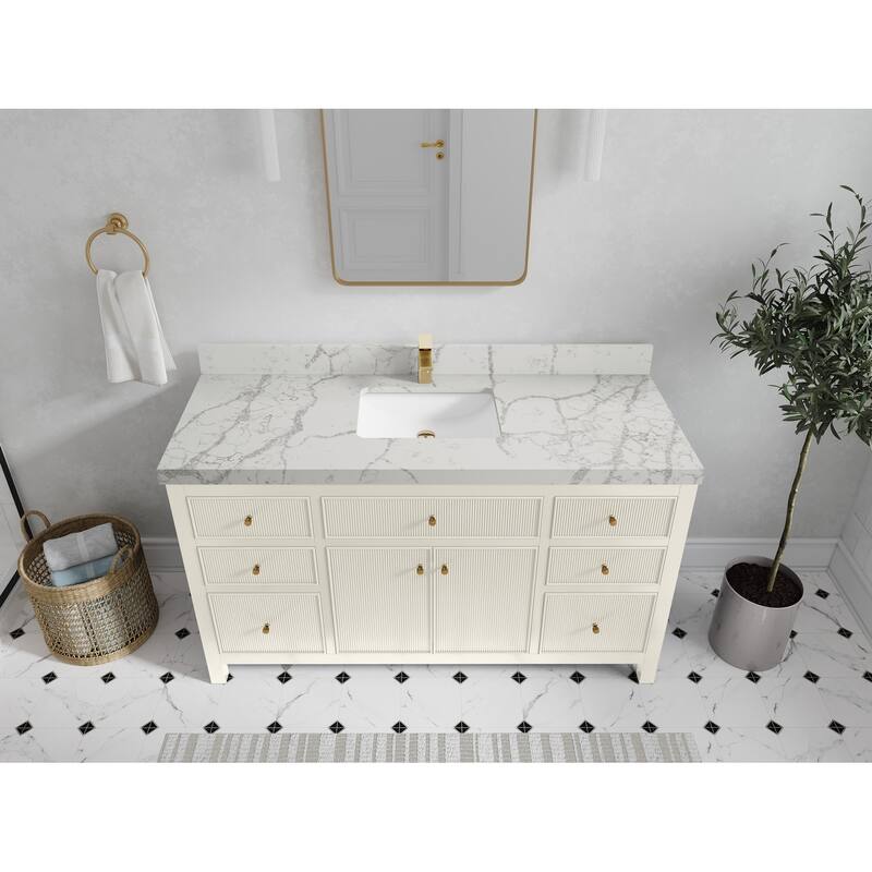 Willow Collections 60 in W x 22 in D Sonoma Free Standing Reeded Single Sink Bathroom Vanity with Countertop - 2”Venatino - Ivory