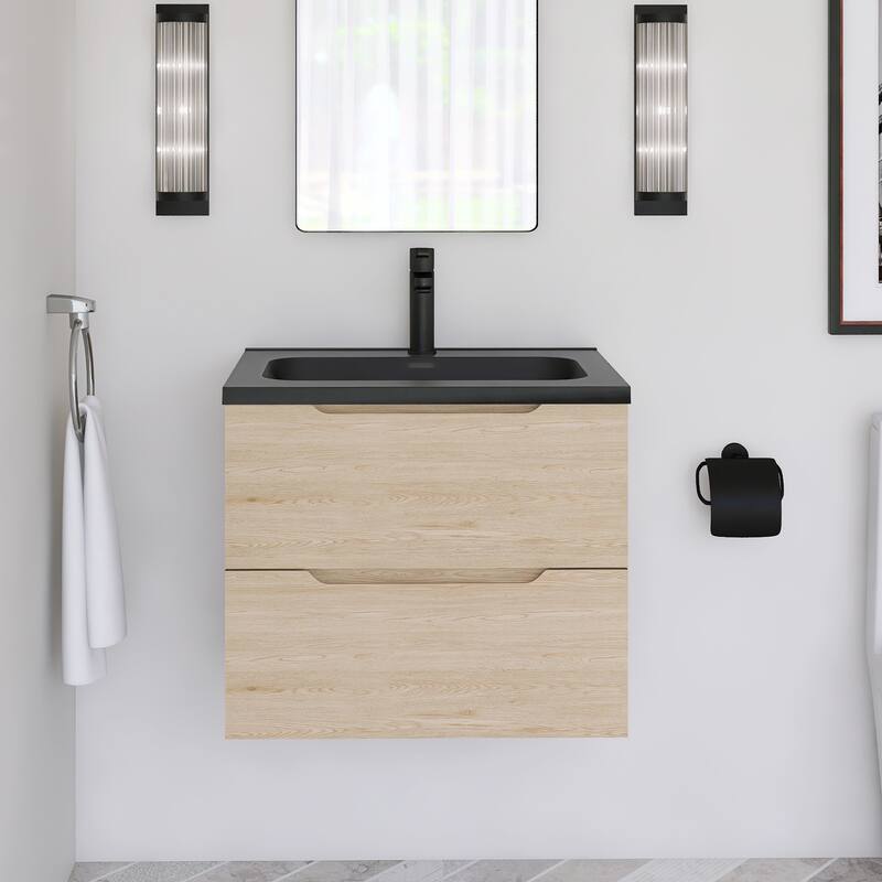 Floating Bathroom Vanity in Evita Oak with Integrated Quartz Sand Top - 23.62'' x 18.90'' x 20.39''