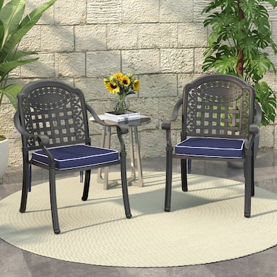 Black Stackable Cast Aluminum Patio Outdoor Dining Chairs With Blue Seat Cushions