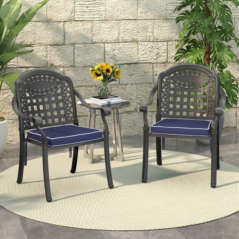 Black Stackable Cast Aluminum Patio Outdoor Dining Chairs With Blue Seat Cushions