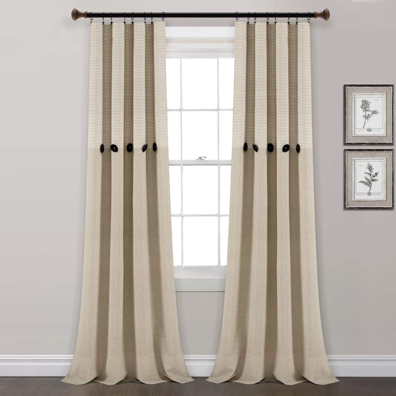 Lush Decor Farmhouse Button Stripe Yarn Dyed Woven Cotton Window Curtain Panel Pair - 84 Inches - Linen