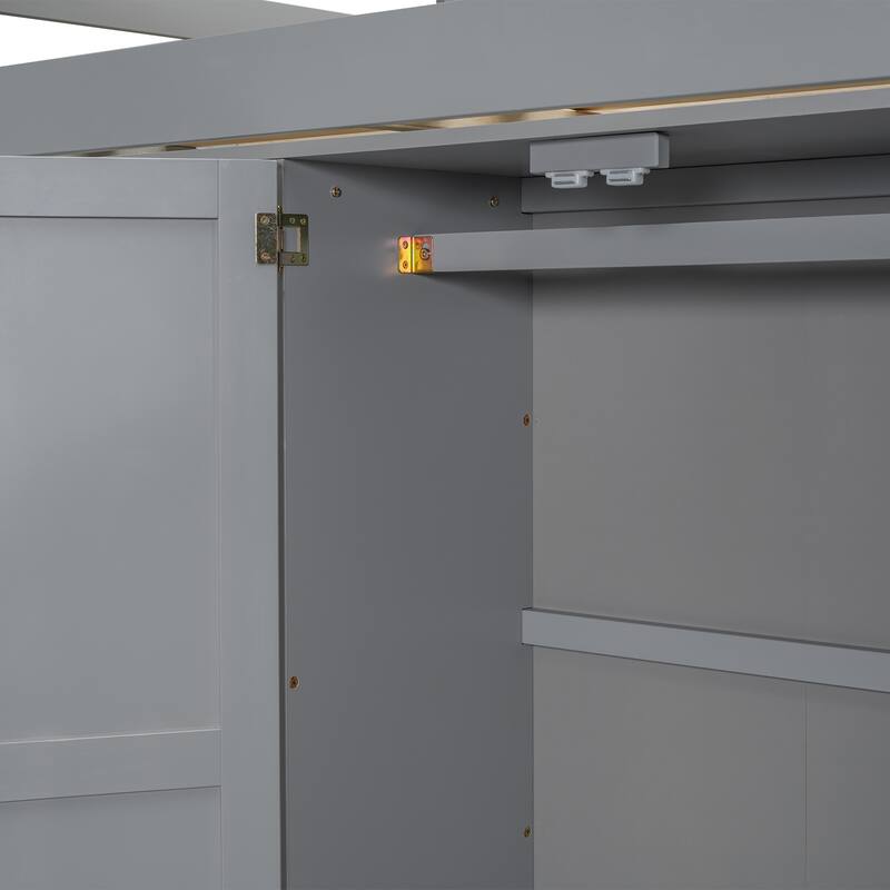 Full Size Loft Bed with Built-in Wardrobe, Desk, Storage Shelves and Drawers, Gray