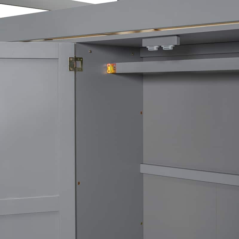Gray Full Size Solid Wood Loft Bed with Built-in Wardrobe, Desk, Storage Shelves and Drawers