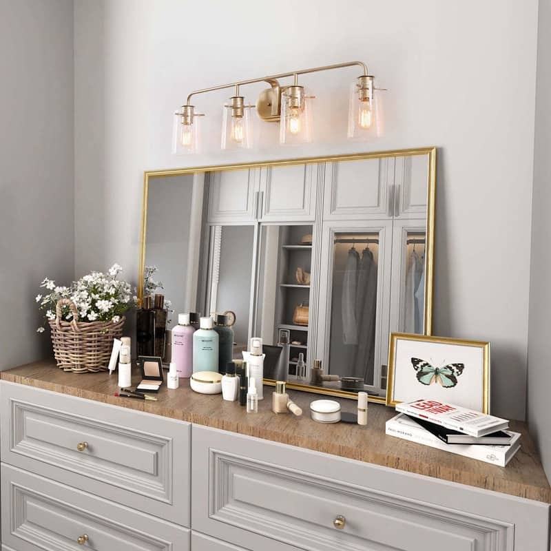 Modern Gold 4-Light Bathroom Vanity Lights Seeded Glass Wall Sconces - L31"xW5.5"xH9"