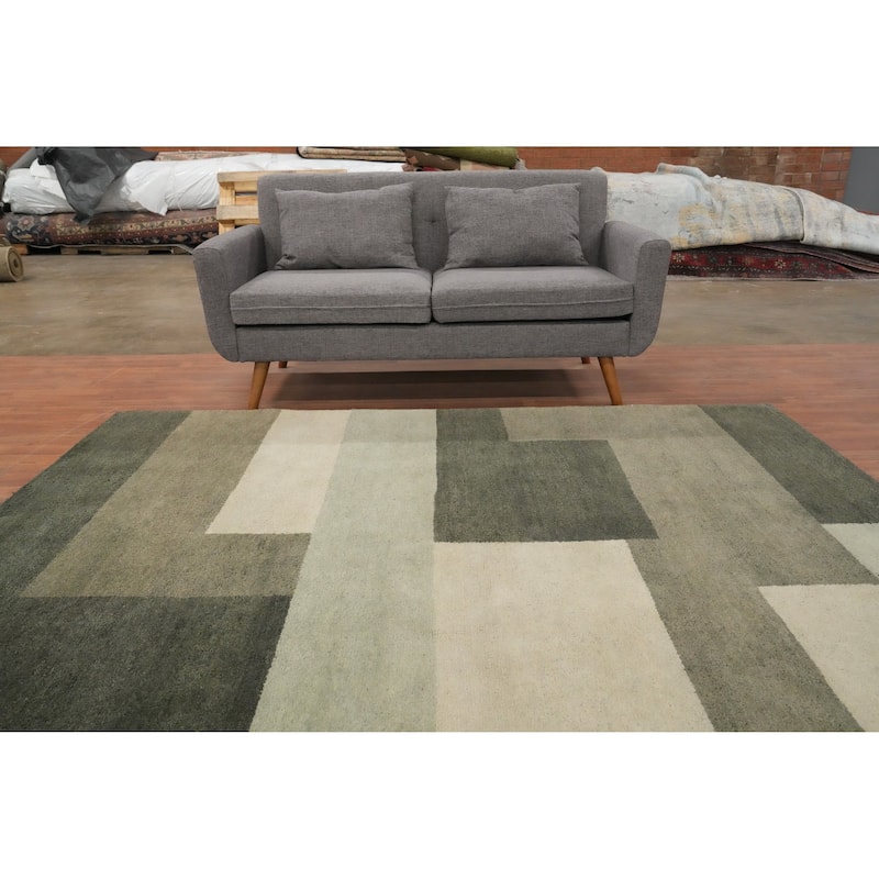 Hand Knotted Oriental 100% Wool Carpet Modern Geometric Green Gabbeh Area Rug - 7' 11'' X 6' 5''