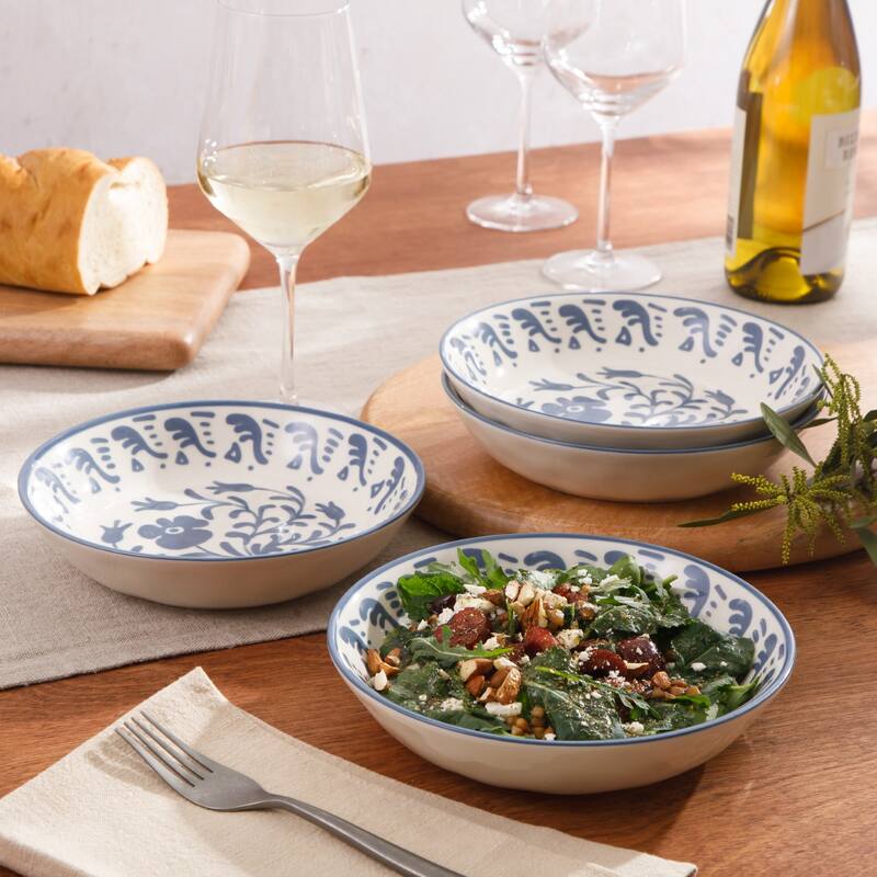 Bloomhouse - 2-Time Oprah's Favorite Things, Valencia Flor 4 Piece 8" Dinner Bowl Set, Stoneware, Floral Decal Design