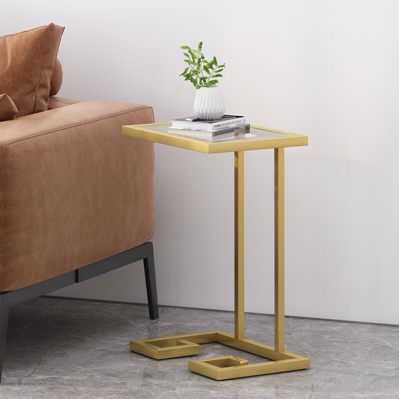 Hickson Indoor Iron and Tempered Glass C Shaped End Table by Christopher Knight Home - Clear + Gold - Glass