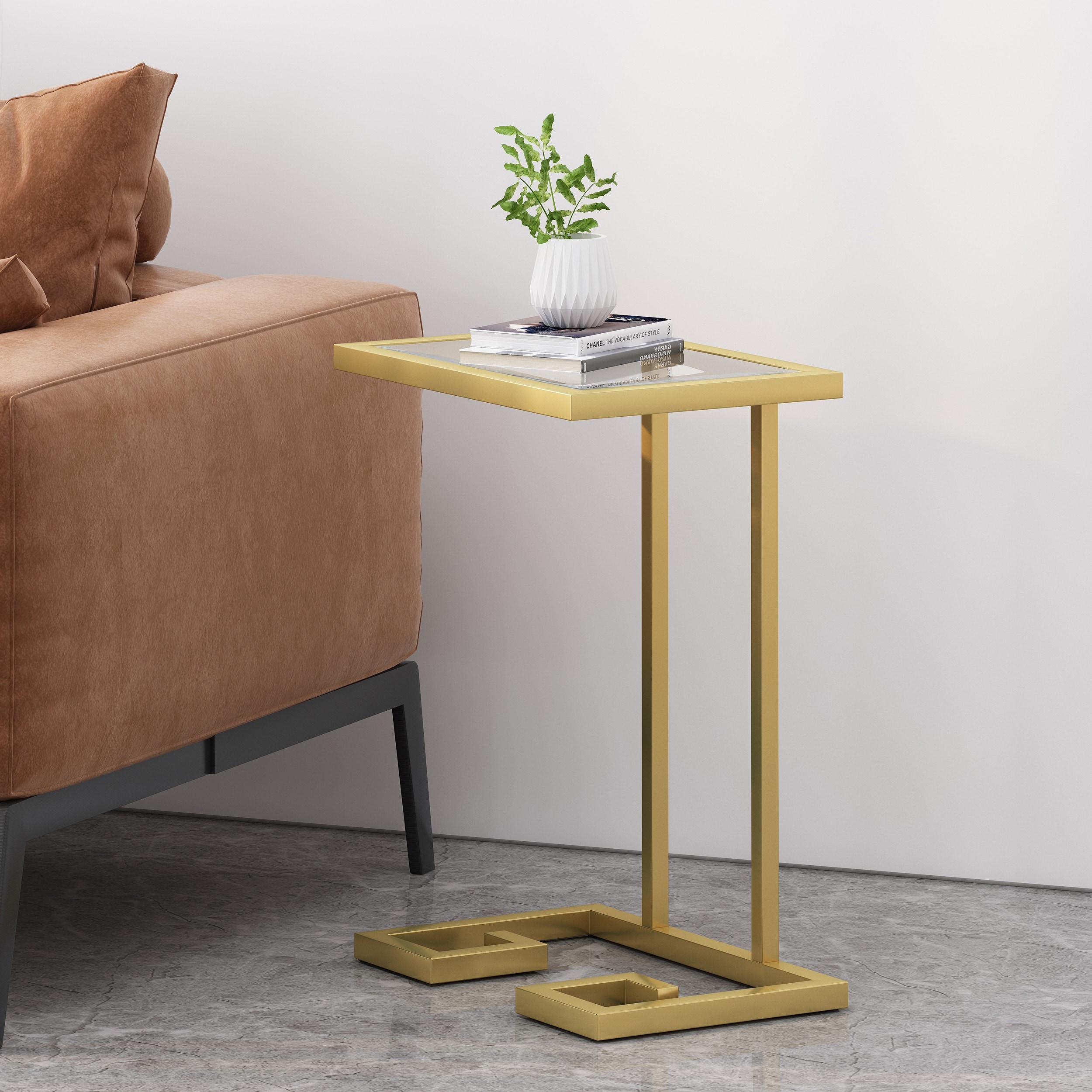 Roomfitters Modern C Shaped End Table with Metal Frame, Sofa Side Table for Living Room or Bedroom, Gold