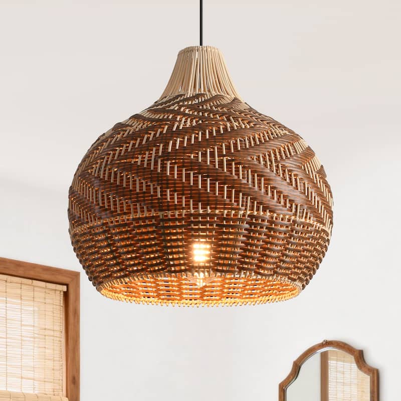 18.9" Farmhouse Natural Caged Handwoven Rattan Pendant Light - 18.9" D x 18.9" W x 62.99" H