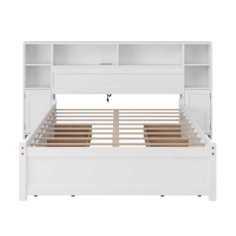 Twin/Full Size Platform Bed with 6 Storage Drawers and Tall Extended Bookcase Headboard, Wooden Storage Bed w/ Charging Station