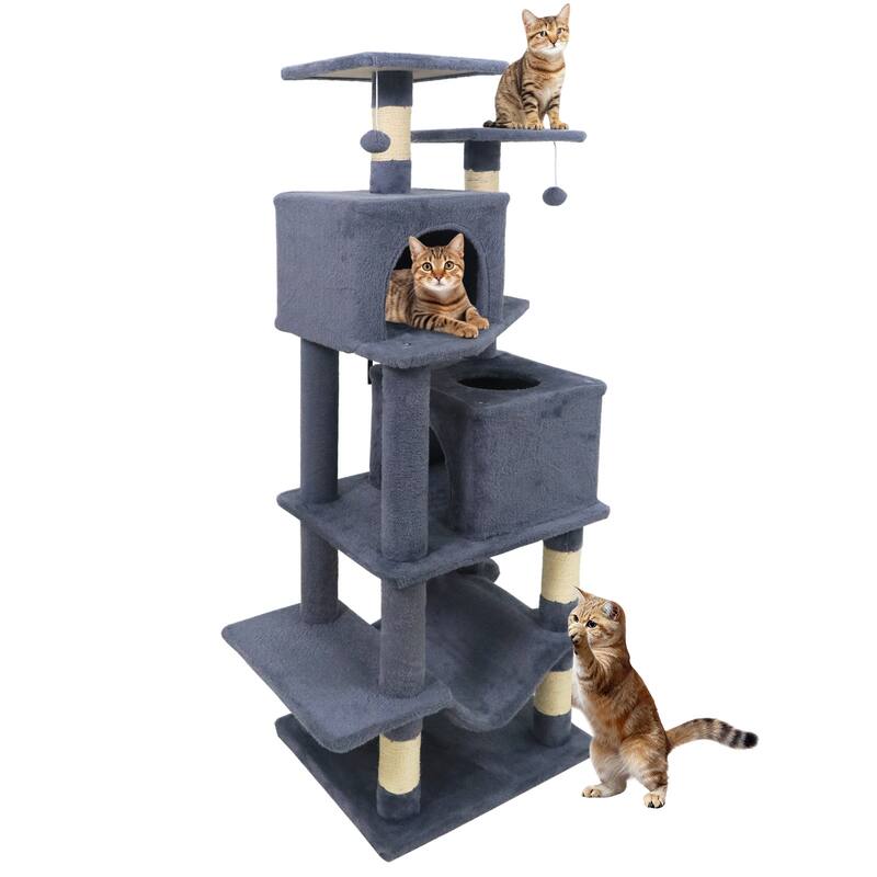 Gymax 57'' Cat Tree for Indoor Cats w/Dual Condos Hammock Sisal - Deep Grey