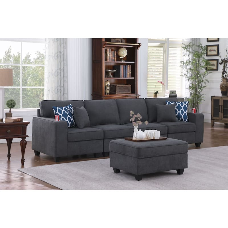 Woven Upholstered 4-Seater Sofa with Ottoman in Stone Gray - Stone Gray/Brown