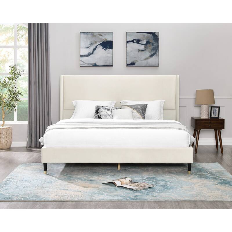 Queen Size Modern Style Platform Bed with Wingback Design Velvet Headboard for Bedroom