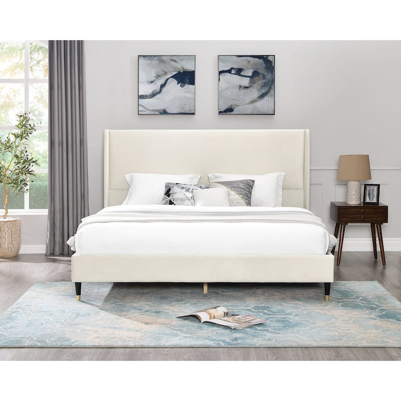 Queen Upholstered Platform Bed in Velvet with Wingback Headboard and Gold-Tipped Legs, Modern Low-Profile Design