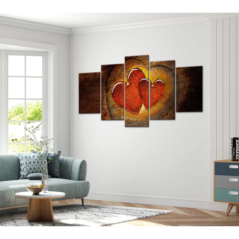 Vintage Canvas Wall Art - Wooden Hearts - 5 Pieces