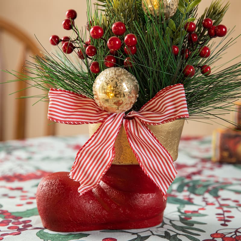 Glitzhome Christmas Red Sleigh Frosted Boot Floral Metal Potted Tree Table Decor
