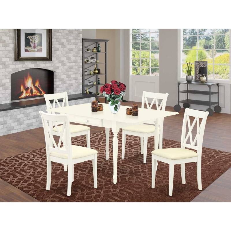 HomeStock 5-Pc Linen White Finish Solid Wood Top-Dining Room Set with Dropleaf-Seats 4