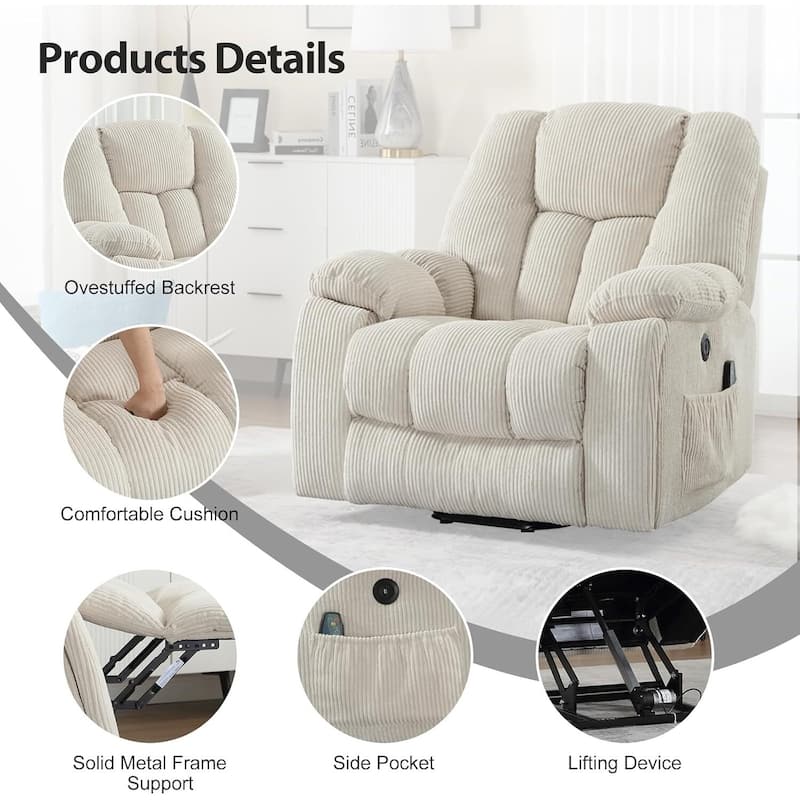 Oversized Power Assist Lift Recliner Chair With Massage and Heating with 2 Concealed Cup Holders for Elderly